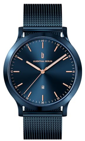 Lilienthal Berlin Orologio da uomo Huxley in Blue Rose Gold - Orologio da polso in acciaio chirurgico 316L con movimento al quarzo e vetro minerale temperato zaffiro - 40 mm, Bracciale in rete blu
