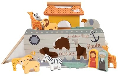 minipishop® - Taufgeschenk ARCHE NOAH aus Holz personalisiert für Jungen Mädchen Steckspiel Spielzeug außergewöhnliches Taufgeschenk von Großeltern I Small Foot Holzspielzeug