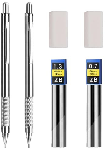 Matite meccaniche in metallo da 0,7 mm e 1,3 mm, con 2 mine 2B e 2 gomme, perfette per scrivere, disegnare e fare schizzi