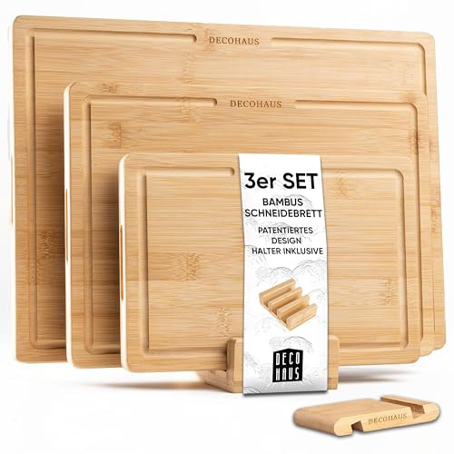 Deco haus Schneidebrett Holz 3er Set aus Robustem Bambus [2cm DICKE] - Schneidebretter mit Saftrille - Holzbrett Küche 40x30, 33x24, 26x18 - Holzbretter - Wooden Cutting board set - Holzschneidebrett
