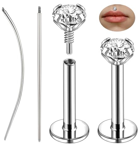 ZS 1 Par Piercings Labret Acero Inoxidable 316L, Interna Thread Jewelry Ashely Oreja Tragus Hélice Nariz, 16G CZ Joyería Labbro para Mujeres Hombres (Plata,16g,L:10mm,CZ:3mm)