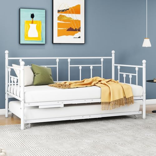 VERFARM Letto giornaliero, 90 x 200 cm, letto con letto estraibile, divano letto singolo con rete a doghe, per camera da letto, soggiorno, bianco