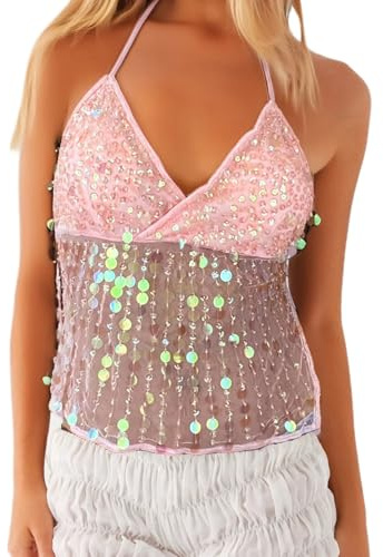 Qtinghua Women Y2K Sequin Cami Top Sexy V Neck Open Back Criss Cross Straps Tank Cute Sparkle Backless Low Cut Summer Going Out Crop Tops (Pink, S)