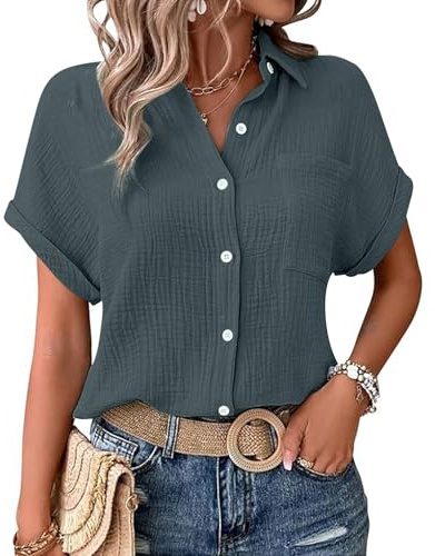 musselin, Musselin Bluse Damen Shirts Bluse Elegant Tunics Sommer Tshirt Kurzarm Leinen Knopf Bluse Lange Oversized T-Shirt Casual für Leggings, dunkelgrau L