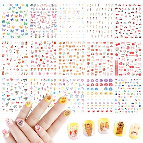 Allstarry Nagelsticker Kinder, 15 Bögen Nagel Sticker Kinder, 720+ Pieces Kids Nail Sticker Nagelsticker Selbstklebend Tier Frucht Schleifen Blumen Nagelbilder Mädchen als Geschenk für Kleine Mädchen