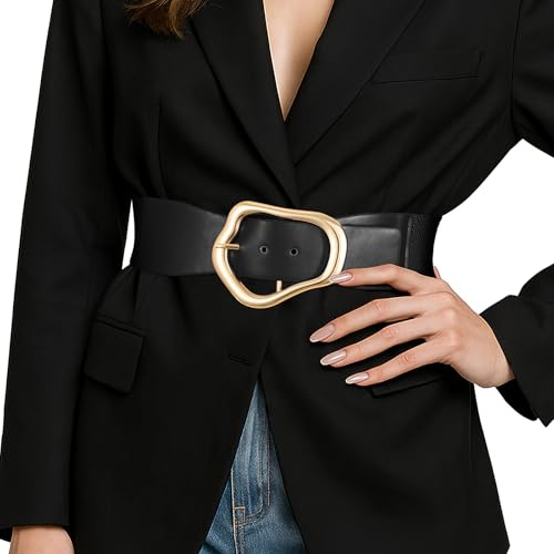 SUOSDEY Damen Breiter Elastisch Gürtel für Kleider, Dehnbarer Leder Taillengürtel Modische Goldene Schnalle schwarz
