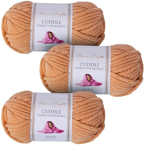 Utopia Crafts Cuddle Super Chunky Chenille Garn Pfirsichfarben, 100 g Knäuel, 60 m, Flauschiges, Dickes Strickgarn Häkelgarn, Maschinenwäsche, Stricken Häkeln für Anfänger, Wollalternative, 3er-Pack