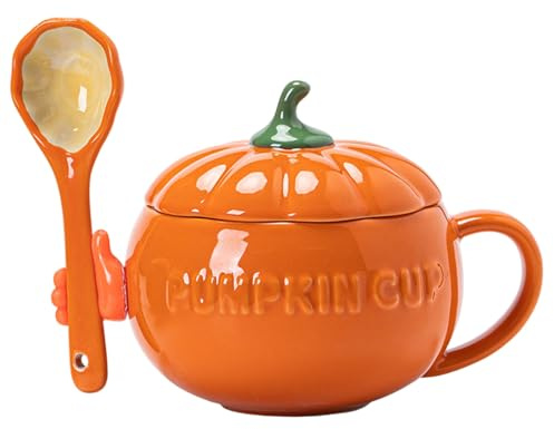 Rachlicy Halloween Decor Pumpkin Mug 10oz en céramique mignonne tasse de citrouille mignonne avec poignée de couvercle et cuillère tasses d'Halloween pour café au lait