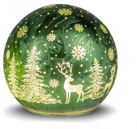 formano LED Deko-Kugel Frosty Grün 15 cm Glaskugel Timer 6h/18h beleuchtete Deko - Farbglas in geeister Optik mit winterlichem Dekor - Herbst Winter Weihnachtsdeko für Tisch Regal Fensterbank