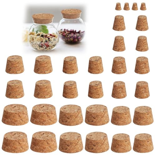 32 Stück Konische Korken Set – 8 Größen Wiederverwendbare Holz Korkstopfen und Flaschenkorken – Dichtende Weinkorken & Korken zum Basteln für Weinflaschen, Vorratsgläser, Labor und DIY-Projekte
