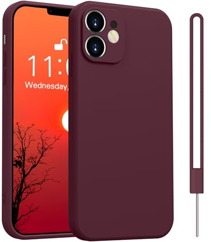 Yoawiful für Handyhülle iPhone 12 Hülle Premium Silikon Kameraschutz Hülle 12 Case mit 1 Lanyard, stoßfest dünn weich Kratzfest Schutzhülle mit Mikrofaser-Futter Weinrot