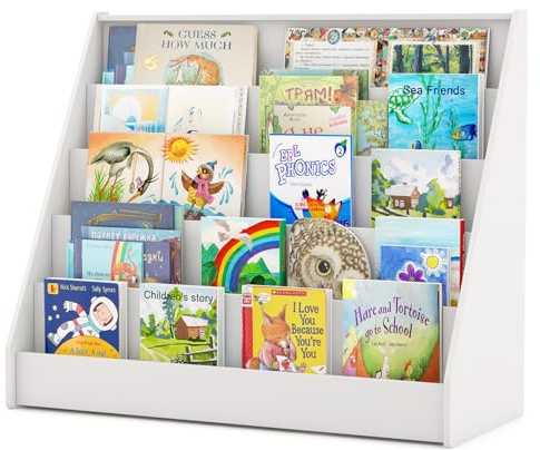 COSTWAY Kinderregal mit 5 Fächern, Bücherregal für Kinder, Zeitungsständer aus Holz, Aufbewahrungsregal für Kinderzimmer, Spielzimmer, 91 x 38 x 76,5 cm (Weiß)