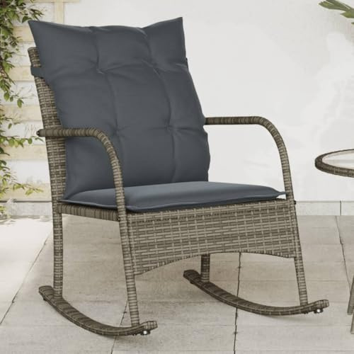 Owoxanthellate Garten-Schaukelstuhl Grau 60 x 87 x 80 cm Poly Rattan mit dicken Kissen UV-beständig & klappbar für Balkon Terrasse und Camping