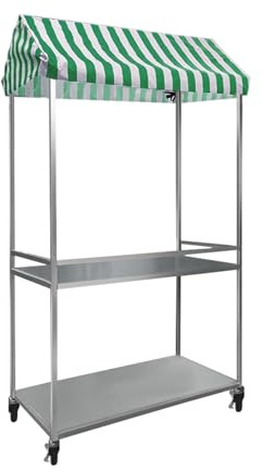 Flyttbar varuautomat med randig baldakin för marknader och evenemang, perfekt för leksak och efterrättsställ