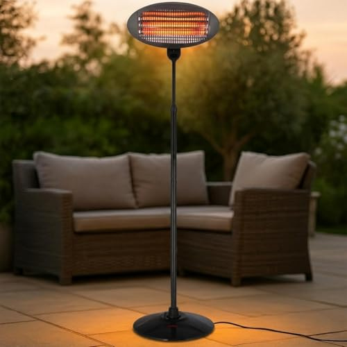 2000W Rounded Standing Outdoor Patio Heater | 3 Energy Efficient Heat Settings | Adjustable Height & Tilting Head | Freestanding with 9kg Base Weight & Portable for Ease