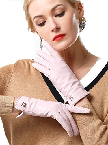 NappaNovum Women's Classic Italian Nappa Leather Gloves Lambskin Winter Comfort Lining Fashion Gloves (Touchscreen or Non-Touchscreen) (M, Pink)