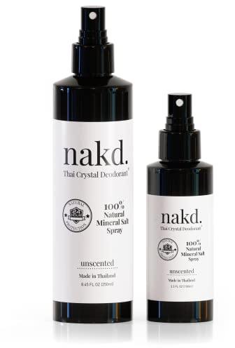 nakd. Thai Crystal Deodorant Spray – 2 Salt Deodorant Crystal Sprays, 8.45 FL oz. Regular + 3.3 FL oz. Travel Size – All Natural and Unscented Aluminum Free Deodorant for Women, Men, and Kids