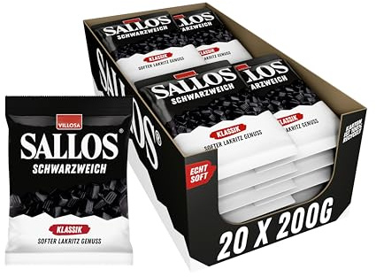 SALLOS Schwarzweich Klassik Vorrats-Pack – Soft-Lakritz feinwürzig, aus natürlichem Süßholzsaft, würziges Weichlakritz, vegan, im Vorrats-Pack, 20 x 200 g