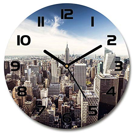 Tulup Glasuhr ⌀ 30cm - Schwarze Zeigern - Wanduhr Wandkunst Bild Gehärtetem Glas Uhr Echtglas Küche Wohnzimmer - New York