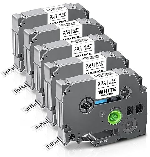 UniPlus 5x Kompatibel für Brother P-Touch Bänder Ersatz für Tze-231 TZc-231 | TZe231 Tz 12mm 0,47 Tape weiß für Brother Beschriftungsgerät PT-H105 H100LB H108 PT-1000 PT-H101C PT-H100R PT-H110 PT-H107B