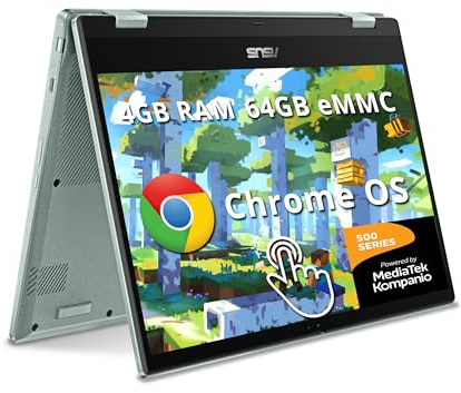 ASUS Chromebook Flip 14 FHD Touch Laptop, MediaTek Kompanio 520, 4GB RAM, 64GB eMMC, MediaTek Integrated Graphics, 720p HD Webcam, Chrome OS, WiFi 6, Gray Green(Renewed)