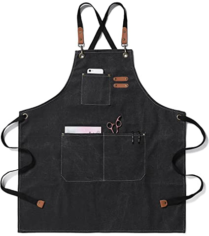 EWIZ Schürze aus Baumwollleinen, verstellbare Träger mit drei Taschen, für Männer und Frauen, Koch, Künstler, Bäcker, Barista, Barkeeper