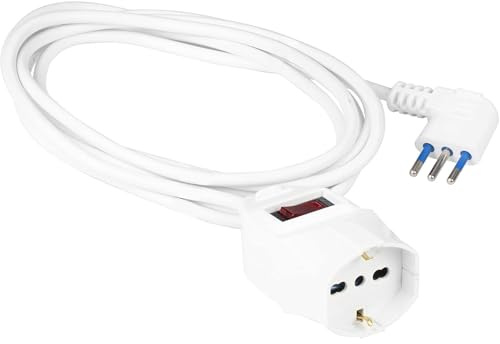 POLY POOL - PP2636 Prolunga Elettrica con Cavo Elettrico Bianco Estensibile 5 Metri - Spina 10A Salvaspazio e Presa Grande Schuko 10A/16A 2P+T Pluristandard - Prolunga con Interruttore di Sicurezza | Spina 10A, Presa Pluristandard, Con Interruttore