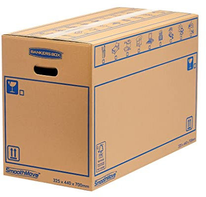 5 BANKERS BOX EXTRA LARGE Strong Moving Boxes, 100L SmoothMove Cardboard for Packing & Moving, Heavy Duty Double Wall for Moving House with Handles, 70cm x 44cm x 33cm (Pack of 5), Brown