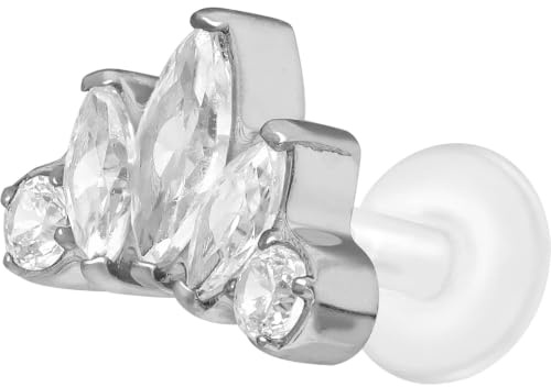 PIERCINGLINE PTFE Labret mit Gewinde Titan Aufsatz KRISTALL LOTUSBLÜTE Piercing Lippe Nase Ohr Helix Tragus Medusa Silberfarben 1,2 x 6 mm