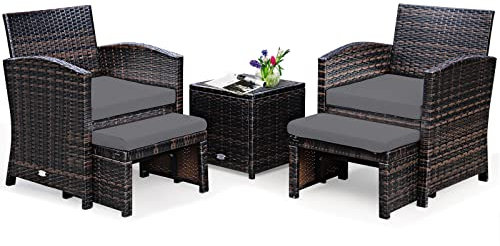 GIANTEX Rattan Gartenmöbel Set, Balkonmöbel Kleiner Balkon, Balkonmöbel Set 2 Sessel mit Hocker, Balkonmöbel-Set 2 Personen, Balkon-Möbel Gartenlounge Gartengarnitur Garten Set (Graue Kissen)