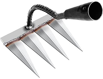 Rateau Jardin, Outillage de Jardin, Rateau de Désherbage Outils Jardinage, Rateau Gazon Scarificateur Manuel 4 Dents en Acier, Houe Jardinage, pour Désherbage/Ameublissement du Sol/Semis (sans Bâton)