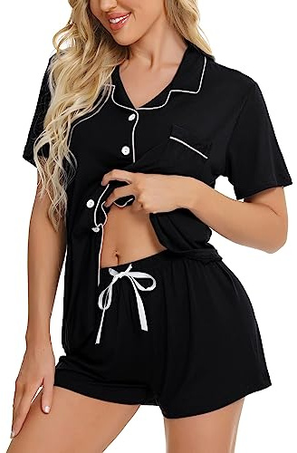SWOMOG Women Pyjamas Set Short Sleeve Sleepwear Womens Button Down Nightwear PJ Set with Pockets