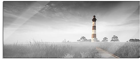 Pixxprint Glasbild Panorama, Wandbild aus Echtglas, schöner Leuchtturm mit Steg, 120x50 cm, inkl. Aufhängung und Abstandshalter