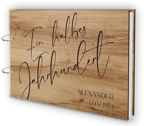 Manschin-Laserdesign Holz Gästebuch Runder Geburtstag Echtholz mit individueller Lasergravur | 50 Blätter (100 Seiten) | DIN A4 | 50 Jahre - EIN halbes Jahrhundert
