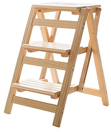 AAMNA Multifunktions-Leiter, Stuhl, Hocker, Holz, faltbar, Regal, Trittleiter, Heimbibliothek, 3 Stufen (natürliche Farbe)