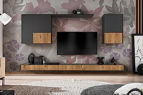 Komodee, Wohnwand Wohnzimmerset RTV Imola Grande, Anthrazit Matt/Eiche bijoux, Breite 285 cm x Höhe 200cm x Tiefe 42cm, für Wohnzimmer, Schlafzimmer, Heimbüro