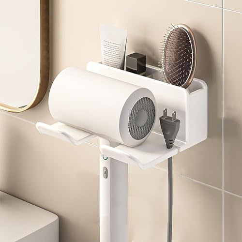 Hårtorkshållare med kabelhållare, hårtorkshållare för väggmontering, förvaring för badrum, vägg utan borrning, hårtorkshållare, för badrum, sovrum, barbershop (vit)