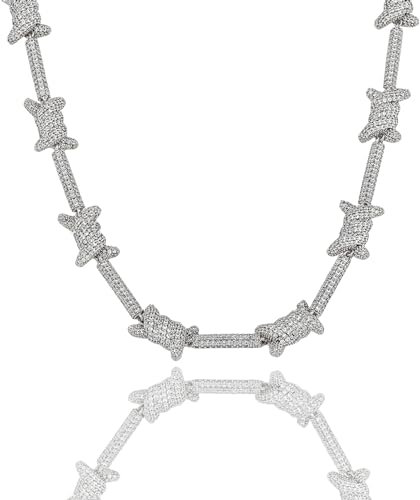 ICEDIAMOND Bling Barbed Spiral Wire Link Kette Halskette 14K Gold plattiert Hip Hop Iced Out Full CZ Diamant Schmuck Halskette für Männer Frauen (22'', White)