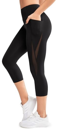 Yvette 3/4 Damen Sport Leggings Mesh Capri Sporthose | Hohe Taille,mit Taschen,Bauchkontrolle,Blickdicht,Lauf Fitness Alltag