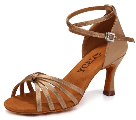 YCALCP Scarpe da Ballo Latino Donna Raso Professionali Pratica Balli Salsa Tango Partito Tacco 7cm,EM217-beige-7cm,37 EU