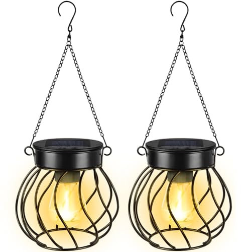 Flintronic - Paquete de 2 faroles solares metálicos IP65 para colgar en jardín, patio, césped, mesa y valla