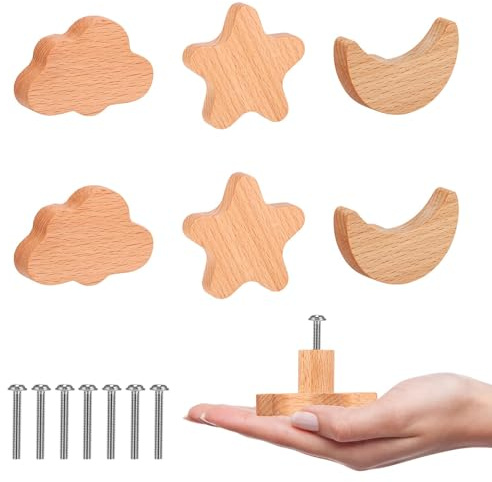 Palmcee 6 Pack Cabinet Drawer Knobs, Solid Wood, Log Color | Cute Star Cloud Moon Design, For Children's Room, Includes Screws, Door Drawer Handles