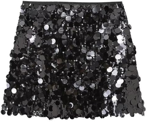 EOYVAIL Jupes femme，Jupe à paillettes pour femmes, jupe à paillettes à franges, jupe de danse du ventre avec ceinture à paillettes pour fête de carnaval (noir,M)