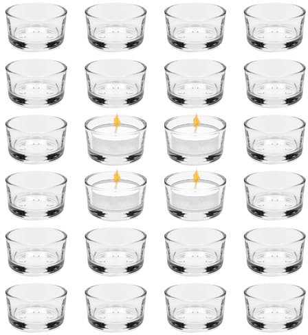 24 PCS Photophore Verre Transparent, Porte-Bougie Chauffe-Plat 4,5 cm de Diamètre, pour la Décoration de Table à la Maison, pour Le Mariage, Verre de Bougie Décoratif