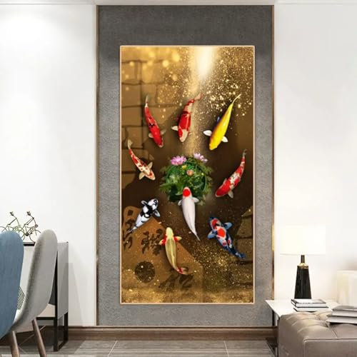 NXMYDBD Wandkunst im chinesischen Stil, roter Koi, Glückskarpfen, Leinwandgemälde, Fisch, Goldfisch, Poster, Eingang, Heimdekoration, Bild, Jahresring, 50 x 100 cm (20 x 39 Zoll), ungerahmt