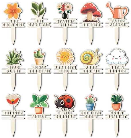 arricraft 15 Pcs Funny Plant Markers, 15 Styles Colorful Wooden Hollow Signs with Printed Words Tags for Indoor Outdoor Greenhouse Potted Seed Herbs Patio Supplies 12x6.5cm(4.7x2.6inch)