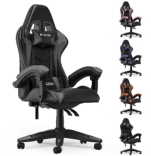 Bigzzia Gaming Stuhl Ergonomisch, 90-135°Rückenlehne Gaming Chair Grau | Mit Lendenkissen & Kopfstütze, höhenverstellbar & 360° drehbar, passend für Jugendliche und Erwachsene, bequemes PU-Leder