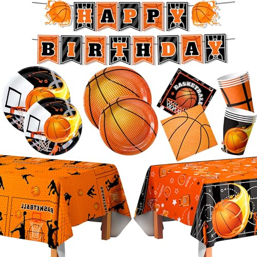 20 Guests Basketball Party Tableware - Plates and Tablecloths Happy Birthday Banner etc for Basketball Party Decorations