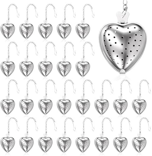 50 Pcs Tea Strainer Stainless Steel Ball Infuser Mesh Heart Shaped Tea Strainer Loose Leaf Steeper Interval Diffuser with Extended Chain Hook Tea Filters for Seasonings Cup Bottle