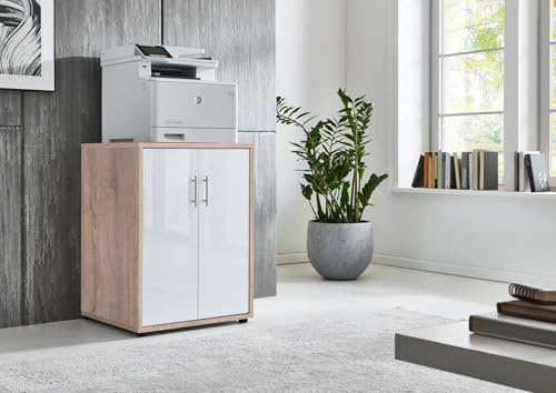 Druckerschrank Office Edition mit 2 Türen, 2 Einlegeböden, Büromöbel, 74 cm Höhe (Sonoma Eiche/Weiß Hochglanz)